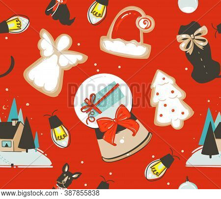 Hand Drawn Vector Abstract Fun Stock Flat Merry Christmas, And Happy New Year Time Cartoon Festive S