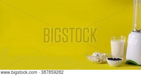 Smoothie With Cottage Cheese And Fresh Berries On A Solid Yellow Background