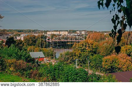 Metal Construction Of The City Bridge Across The Sylva River On A Sunny Day In Kungur, Perm Krai, Ru
