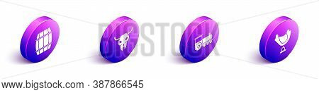 Set Isometric Wooden Barrel, Buffalo Skull, Retro Train And Wild West Saddle Icon. Vector