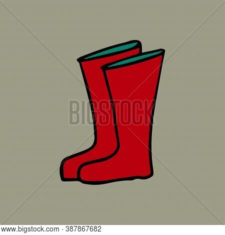 Color Vector Hand Drawn Doodle Red Rubber Boots. Doodle Style Graphic Elements