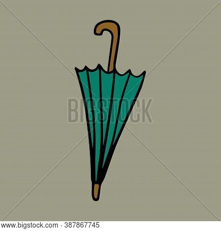 Color Vector Hand Drawn Doodle Green Umbrella Walking Stick.