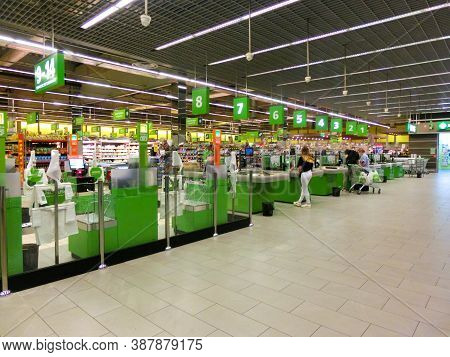 Kyiv, Ukraine - September 6, 2020: Row Of Cashier And Cash Desk In A Supermarket Novus At Kyiv, Ukra