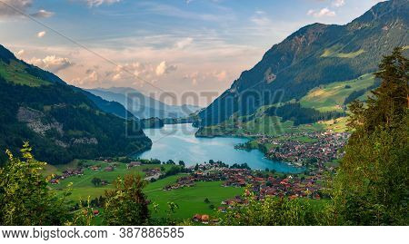Aerial View Of The Lake Lungern Valley In Switzerland. Photographed From The Viewing Point Schoenbue