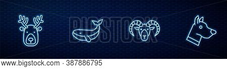 Set Line Head Of Goat Or Ram, Deer Head With Antlers, Whale And Dog. Glowing Neon Icon On Brick Wall