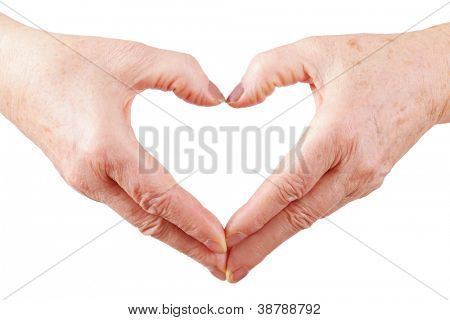 woman senior hands show heart gesture, down, isolated, white