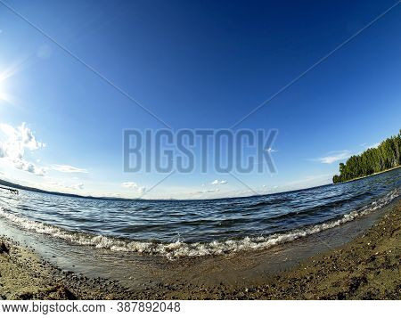 Shore Of The Lake, Sand, Lapping Waves, Blue Sky With Light Clouds, Fisheye Lens, Lake Uvildy