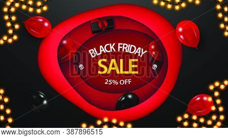 Black Friday Sale, Up To 25% Off, Black And Red Discount Banner In Paper Cut Style. Paper Cut Templa