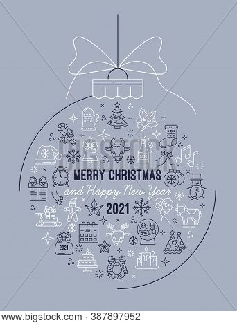 Holiday Postcard Or Banner With A Christmas Toy Ball And A Bow With An Outline Icons Set. 2021 New Y