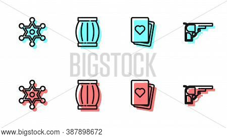 Set Line Deck Of Playing Cards, Hexagram Sheriff, Gun Powder Barrel And Revolver Gun Icon. Vector