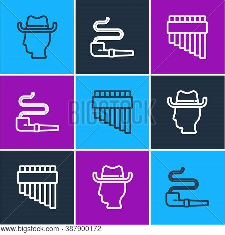Set Line Cowboy, Pan Flute And Smoking Pipe Icon. Vector