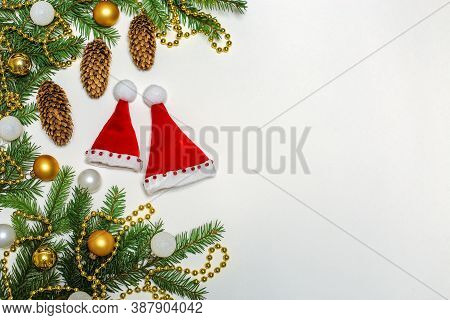 Christmas Composition, Gifts, Fir Branches, Cones, Toys. Decorations On A White Background