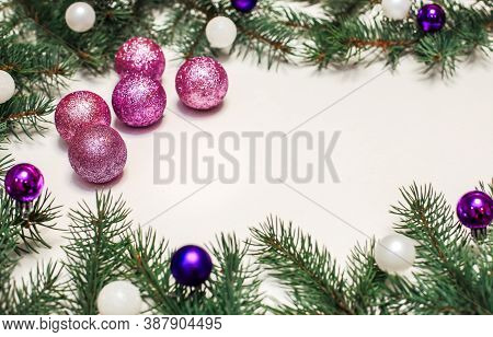 Christmas Composition. Gifts, Fir Branches And Decorations On A White Surface. New Year's Concept. S