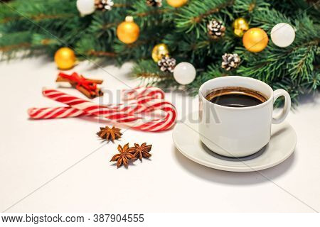 Christmas Composition Pastries, Cinnamon, Pine Cones On The Table,gold Ornaments On Fir Branches, Gi