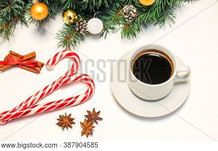 Christmas Composition Pastries, Cinnamon, Pine Cones On The Table,gold Ornaments On Fir Branches, Gi