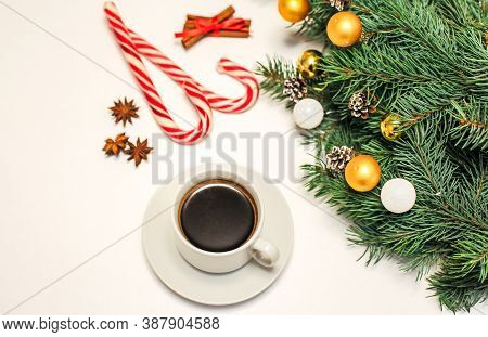Christmas Composition Pastries, Cinnamon, Pine Cones On The Table,gold Ornaments On Fir Branches, Gi