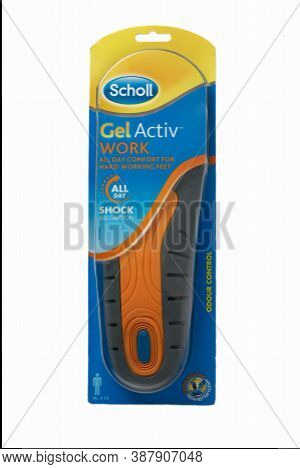 Zaporizhzhya, Ukraine - October 2, 2020: Scholl Gel Activ Insoles Packaging Isolated On White Backgr