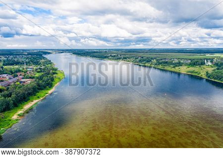 Aerial View Of The Volga River In The City Of Tutaev On A Summer Day