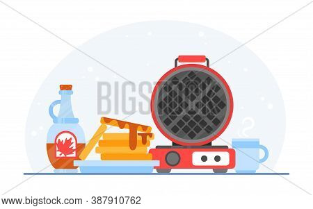 Waffle Iron Maker. Homemade Breakfast: Dessert With Maple Syrup, Tea, Juice, Milk, Teapot, Cup. Flat