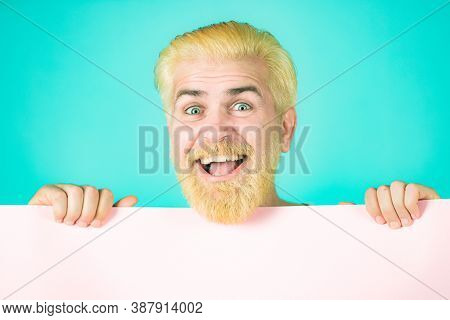 Man Show Clear Paper. Blank, Empty Paper, Billboard With Copy Space For Text