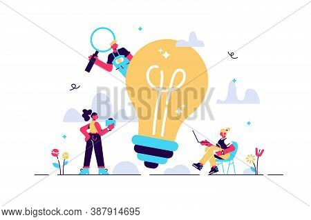 Cartoon Vector Illustration Of Working Team Work Together. New Ideas. Big Bulb Light And Tiny People