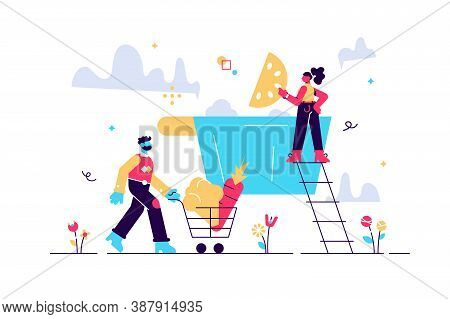 Cartoon Vector Illustration Of Tiny Woman Cooking. She Throws Garlic Into A Big Pan. Man Help Her, P