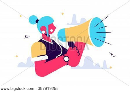 Cartoon Vector Illustration Of Cartoon Woman Shout Out With Megaphone On White Background.