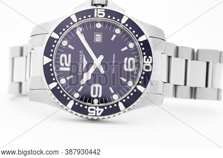 Geneve, Switzerland 01.10.2020 - Longines Mens Wrist Watch Isolated On White. Date Function Indicati