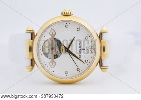 Geneve, Switzerland 01.10.2020 - Claude Bernard Woman Swiss Made Mechanical Watch Gold Pvd Coating W