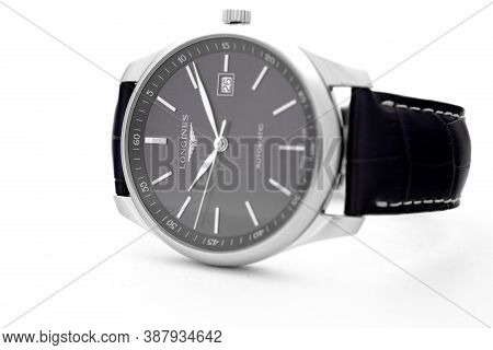 Geneve, Switzerland 01.10.2020 - Longines Mens Wrist Watch Isolated On White. Date Function Indicati