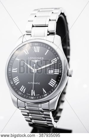 Geneve, Switzerland 01.10.2020 - Longines Mens Wrist Watch Isolated On White. Date Function Indicati