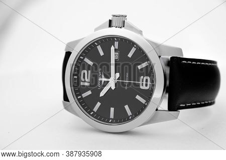 Tokyo, Japan 01.10.2020 - Longines Mens Wrist Watch Isolated. Famous Watch Manufactory Swiss Luxury 