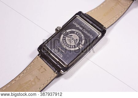 Rome, Italy 01.10.2020 - Longines Ladys Wrist Watch Dolcevita Isolated On White. Longines Brand Logo