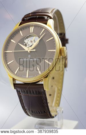 Geneve, Switzerland 01.10.2020 - Claude Bernard Man Swiss Made Mechanical Watch Gold Pvd Coating Bei