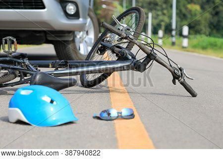 Accident Car Crash With Bicycle On Road
