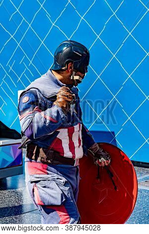 Hollywood, California - October 09 2019: Actor Portraying The Marvel Comics Character Captain Americ