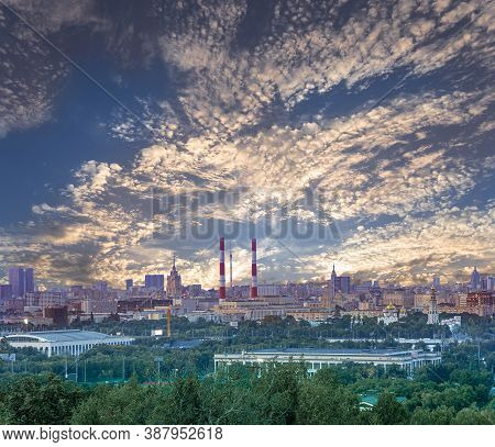 View Of Central Moscow From Sparrow Hills Or Vorobyovy Gory Observation (viewing) Platform At Sunset