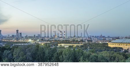 View Of Central Moscow From Sparrow Hills Or Vorobyovy Gory Observation (viewing) Platform At Sunset