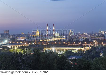View Of Central Moscow From Sparrow Hills Or Vorobyovy Gory Observation (viewing) Platform At Sunset