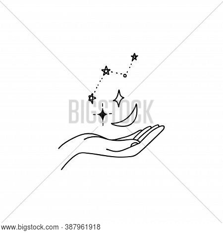 Celestial Concept. The Moon And Stars Hang Over The Hand. Constellations, Astronomy Ruled By A Human