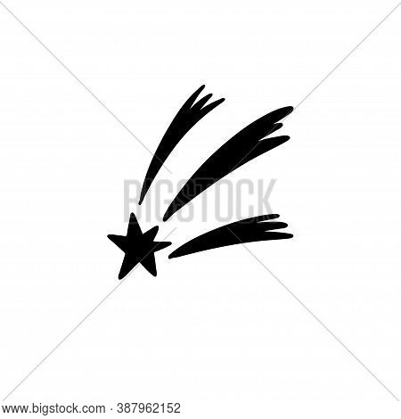 Celestial Phenomena. Black Silhouette Of A Shooting Star, Shattering A Shining Tail. A Shining Meteo