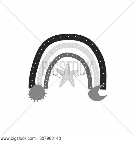 Cute Black And White Rainbow Isolated. Hand Drawn Doodle Rainbow With Star, Moon And Sun. Popular Ve