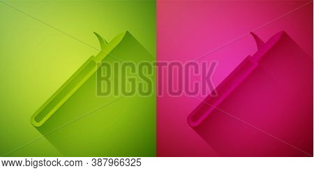 Paper Cut Metal Pike Pole With Wooden Handle Icon Isolated On Green And Pink Background. Spear, Pick