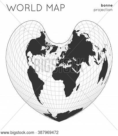 World Map. Globe In Bonne Projection, With Graticule Lines Style. Modern Vector Illustration.