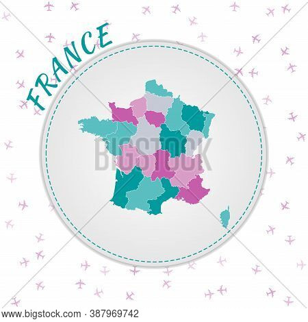 France Map Design. Map Of The Country With Regions In Emerald-amethyst Color Palette. Rounded Travel