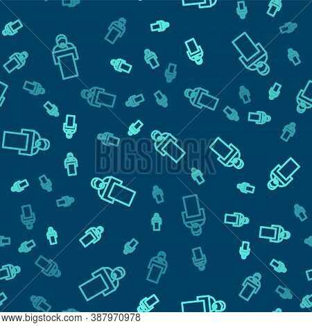 Green Line Gives Lecture Icon Isolated Seamless Pattern On Blue Background. Stand Near Podium. Speak