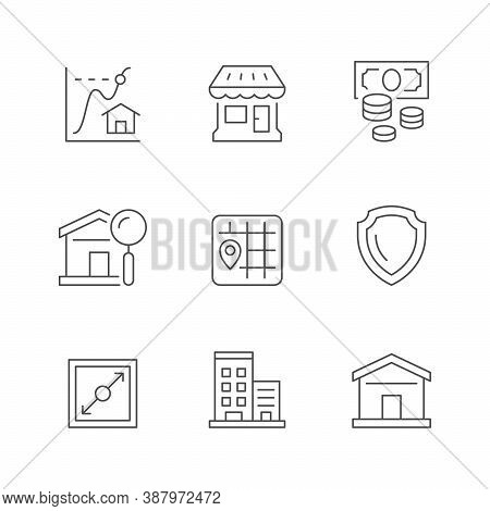 Set Line Icons Of Real Estate Isolated On White. Price Graph, Shop, Money, House Search, Map, Legal 