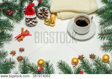 Christmas Composition Pastries, Cinnamon, Pine Cones On The Table,gold Ornaments On Fir Branches, Sa