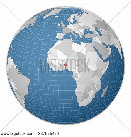 Globe Centered To Benin. Country Highlighted With Green Color On World Map. Satellite World Projecti