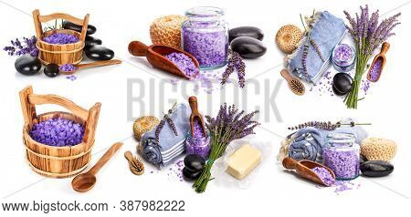 Collage mix set of Spa still life with lavender saltl isolated on white background.